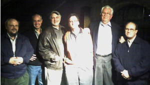 L to R: Ted Langdell, flashscan8.us, Co-worker of Maurice Schecter, DuArt, New York, Myron Lenenski, Owner, CinePost, Atlanta, Maurice Schecter, Chief Engineer, DuArt, New York, Jim Wheeler, retired Ampex engineer/current consultant, Pat Shevlin, Dir. of Engineering, The Media Preserve Photo: Bystander w/Ted's cell phone